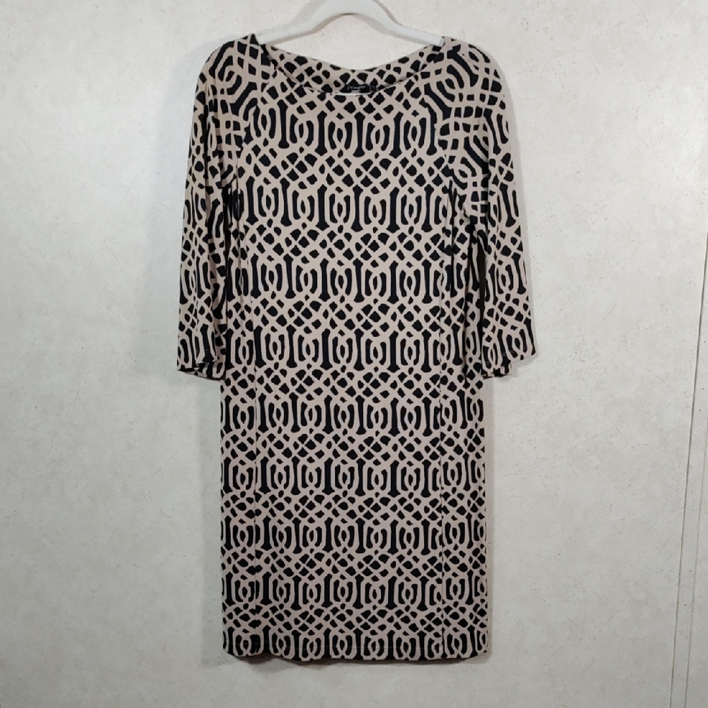 I199 J. McLaughlin tan & black 3/4 sleeve knit dress S